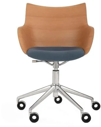 Kartell Q/Wood Bürostuhl Chrom/Helles Holz mit blauer Polsterung